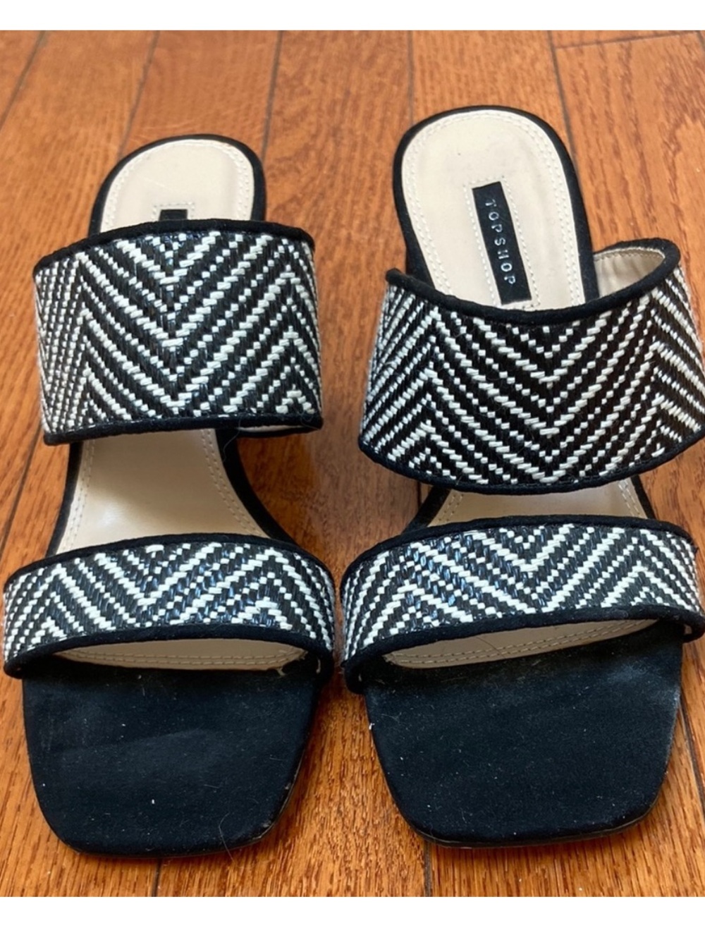 Topshop Black and White Chevron Double-Strap Slide Mules